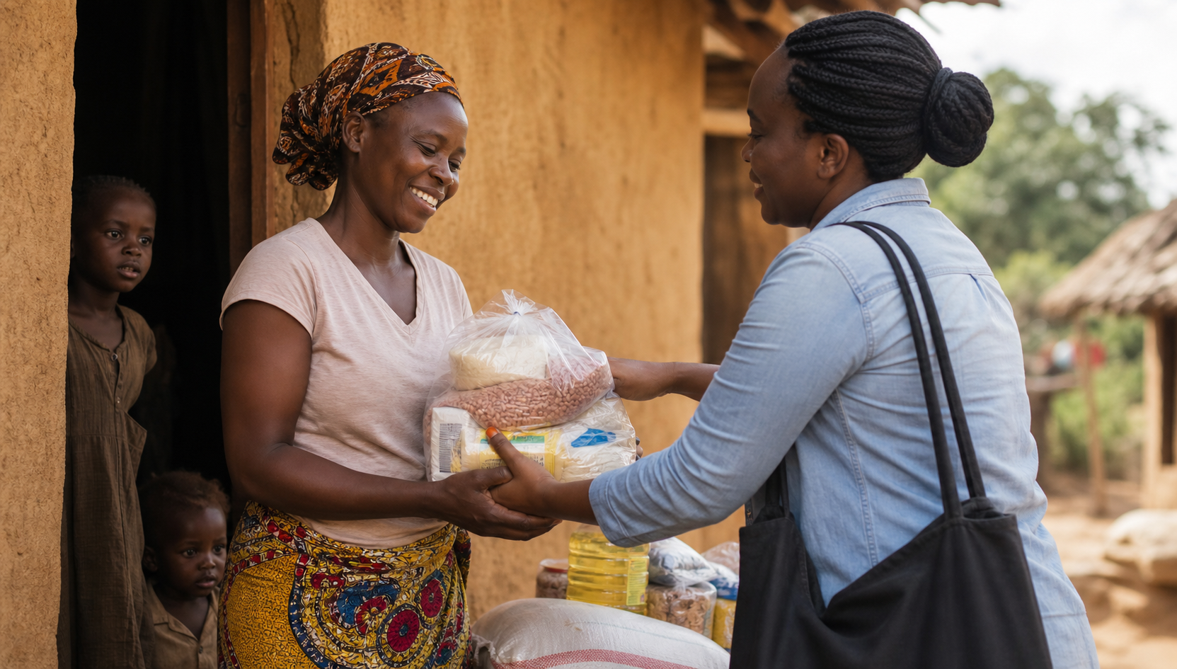 A volunteer handing a food parcel to a caregiver
